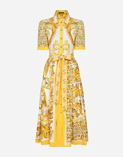 Dolce & Gabbana Cotton Poplin Midi Shirt Dress With Majolica Print In Yellow