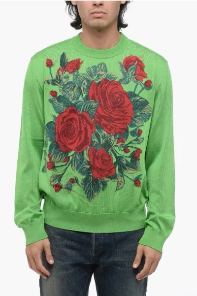 Dolce & Gabbana Crew Neck Eden Floral Patterned Silk Sweater In Green