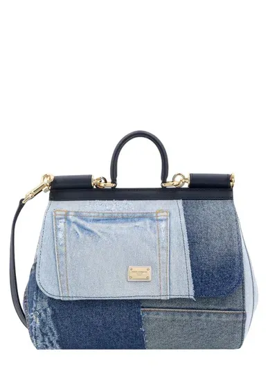 Dolce & Gabbana Denim Leather Sicily Handle Bag In Navy