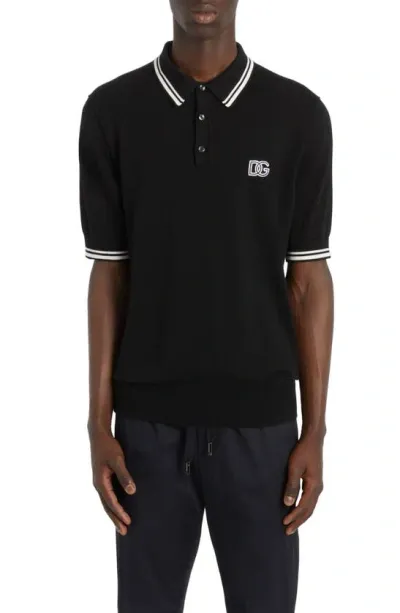 Dolce & Gabbana Brand-embroidered Short-sleeved Cotton-blend Polo Shirt In Nero