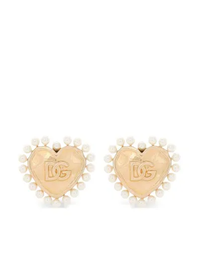 Dolce & Gabbana Dg Logo & Heart Stud Earrings In Gold/white