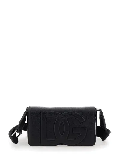 Dolce & Gabbana Mini Black Crossbody Bag With Quilted Logo In Hammered Leather Man