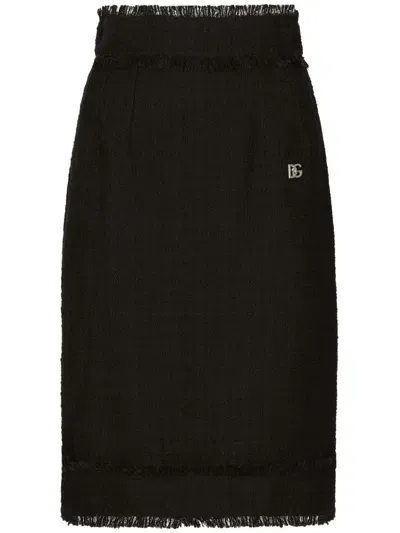 Dolce & Gabbana Tweed Midi Skirt With Dg Logo In Black