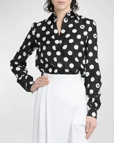 Dolce & Gabbana Dg Polka-dot Print Long-sleeve Silk Twill Shirt In Black Prt