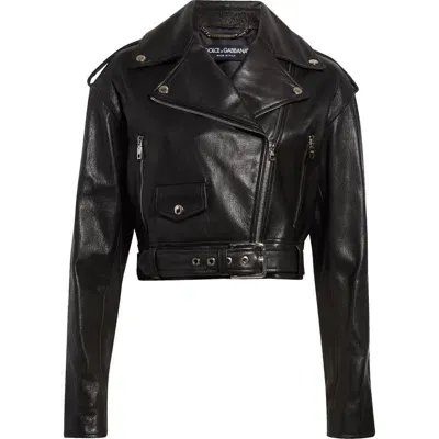 Dolce & Gabbana Dolce&gabbana Crop Plongé Leather Biker Jacket In N0000 Nero