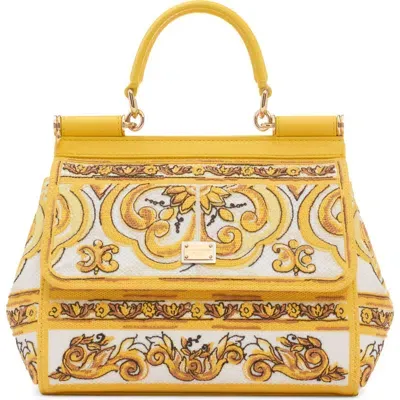 Dolce & Gabbana Dolce&gabbana Sicily Majolica Embroidered Canvas Satchel In Gold