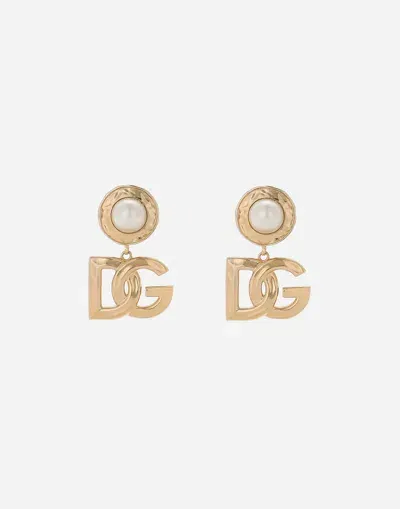 Dolce & Gabbana Drop Earrings With Cabochon And Dg Logo In Gold