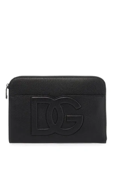 Dolce & Gabbana Embossed Leather Mini Media Pouch For Men In Black