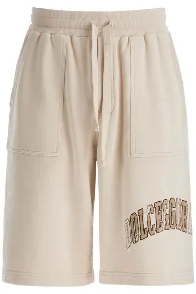 Dolce & Gabbana Embroidered Logo Jogger Bermuda In Beige