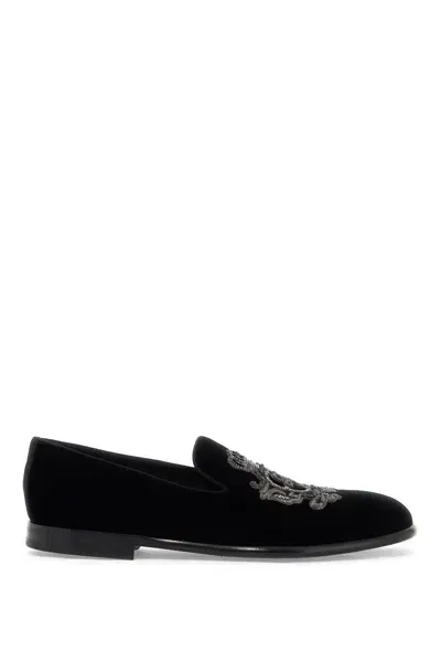 Dolce & Gabbana Embroidered Velvet Loafers In Black