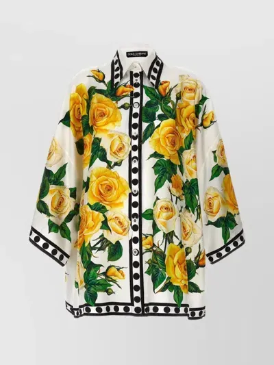 Dolce & Gabbana Polka-dot Floral-print Silk-twill Blouse In Yellow