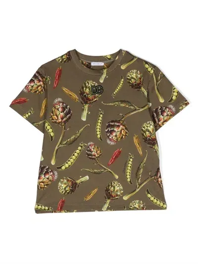 Dolce & Gabbana Kids' Floral-print Cotton T-shirt In Green