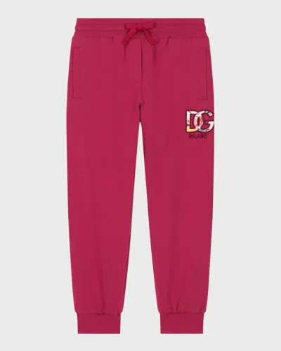 Dolce & Gabbana Kids' Girl's Floral Embroidered Logo-print Joggers In Dark Pink