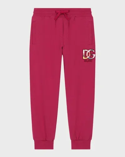 Dolce & Gabbana Kids' Girl's Floral Embroidered Logo-print Joggers In Dark Pink