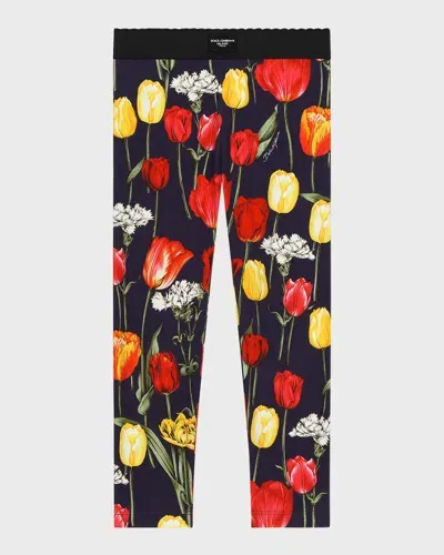 Dolce & Gabbana Kids' Tulip-print Slip-on Leggings In Multiprint