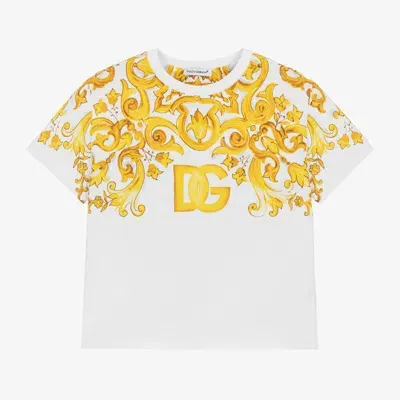 Dolce & Gabbana Babies' Girls White Majolica Print Cotton T-shirt In Yellow