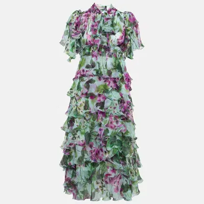 Pre-owned Dolce & Gabbana Green/purple Floral Print Silk Ruffled Midi Dress Xs