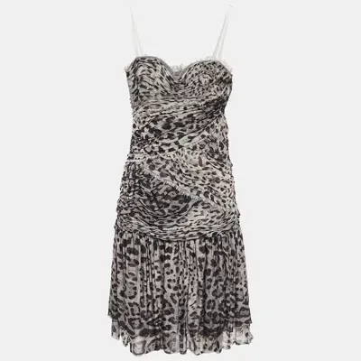 Pre-owned Dolce & Gabbana Grey Leopard Print Silk Ruched Midi Dress M