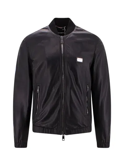 Dolce & Gabbana Leather Jacket With Metal Logo Patch In Negro