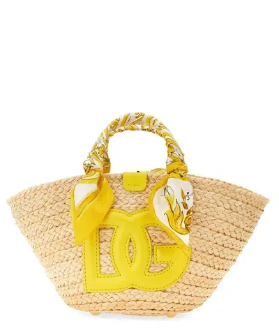 Dolce & Gabbana Kendra Large Leather And Twill-trimmed Raffia Tote Bag In Beige