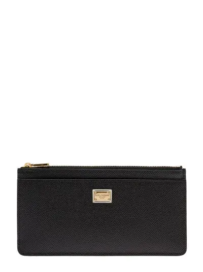 Dolce & Gabbana Large Card Holder With Branded Plate And Zip In Grainy Leather Woman In Black