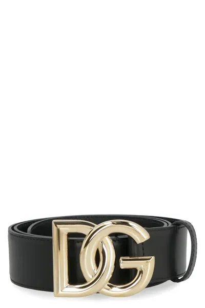 Dolce & Gabbana Leather Belt With Logo Buckle In Black