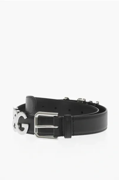 Dolce & Gabbana Leather Belt With Silver Effect Logo 30mm In Black