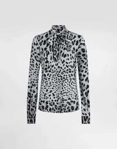 Dolce & Gabbana Leopard-print Charmeuse Shirt With Pussy-bow In White