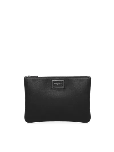 Dolce & Gabbana Logo Detail Flat Leather Pouch In Black