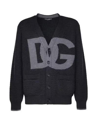 Dolce & Gabbana Logo Intarsia Knitted Cardigan In Grey