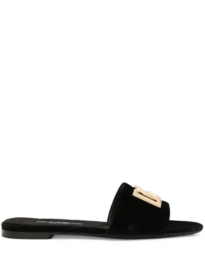 Dolce & Gabbana Logo Leather Flat Sandals In Black