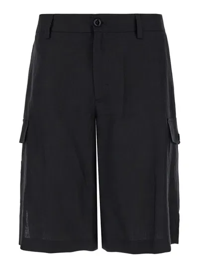 Dolce & Gabbana Black Bermuda Shorts With Logo Patch In Linen Man