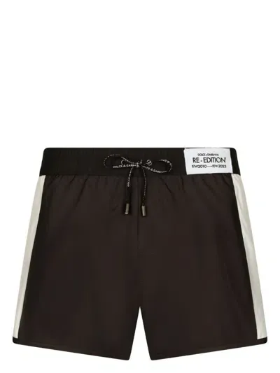 Dolce & Gabbana Brown Patch Swim Shorts In Black