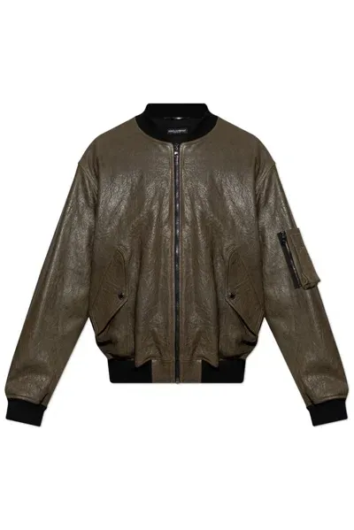 Dolce & Gabbana Logo Patch Zipped Bomber Jacket In Green