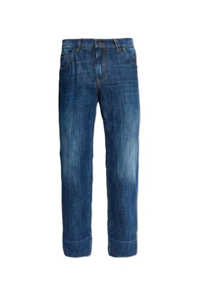 Dolce & Gabbana Logo-plaque Straight-leg Jeans In Blue