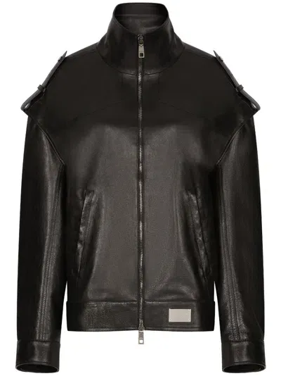 Dolce & Gabbana Logo-plaque Leather Jacket In Black