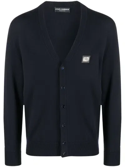 Dolce & Gabbana Logo-plaque Virgin Wool-blend Cardigan In Blue