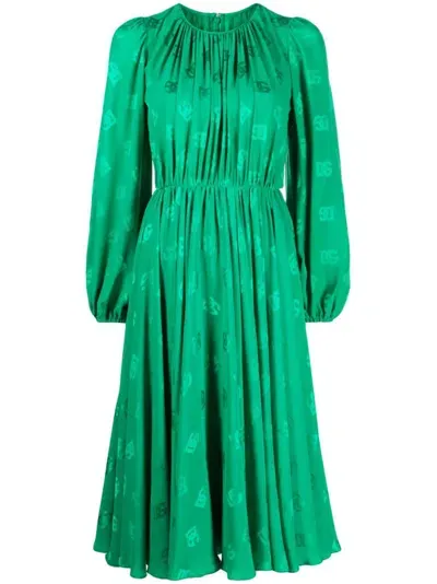 Dolce & Gabbana Logo-print Flared Silk Midi Dress In Green