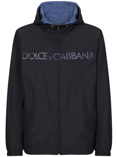 Dolce & Gabbana Reversible Jacket With Hood And Logo In Blue