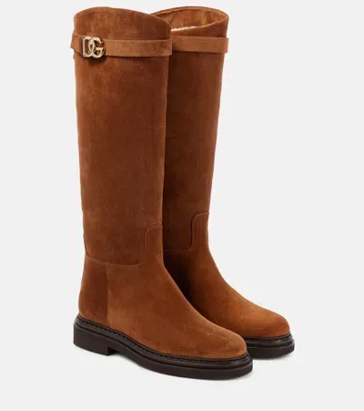 Dolce & Gabbana Logo Suede Knee-high Boots In Brown