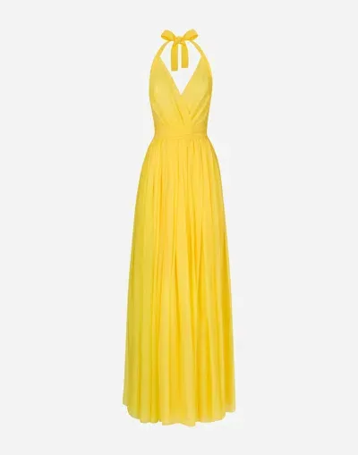 Dolce & Gabbana Pleated Halterneck Silk Maxi Dress In Yellow