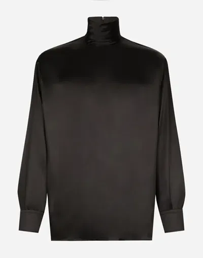 Dolce & Gabbana Loose Silk Turtleneck With Shirt Cuffs In ブラック