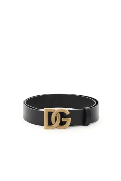 Dolce & Gabbana Lux Leather Belt With Crossed Dg Logo In Black