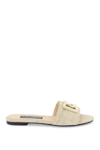 Dolce & Gabbana Bianca Raffia Effect Slide Flats In Beige