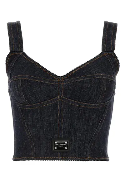 Dolce & Gabbana Denim Bustier With Logo Plaque In Blue