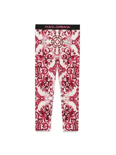 Dolce & Gabbana Kids' Majolica Print Cotton Leggings In Fuchsia