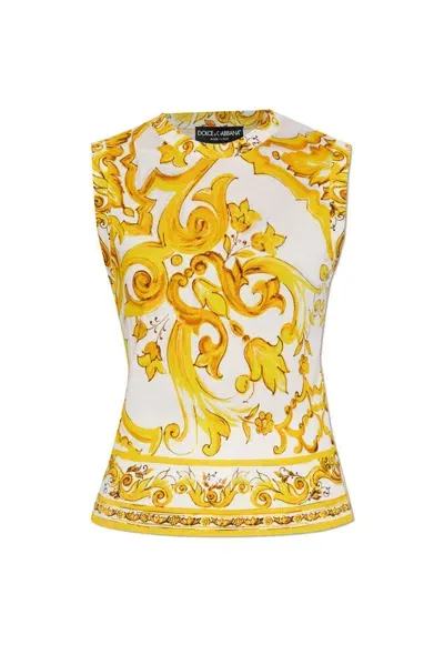 Dolce & Gabbana Majolica Printed Sleeveless Ribbed Sweater In Yellow