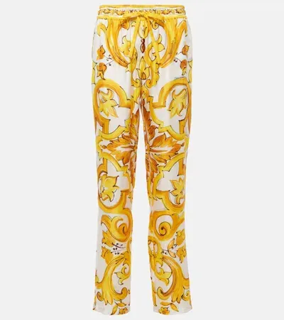 Dolce & Gabbana Majolica Silk Straight Pants In Yellow