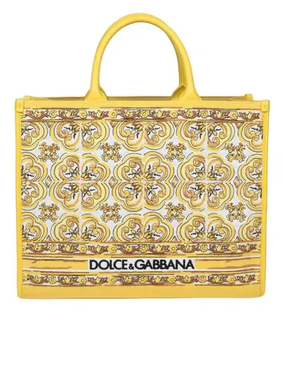 Dolce & Gabbana Medium Logo Embroidered Shopper Bag In Yellow