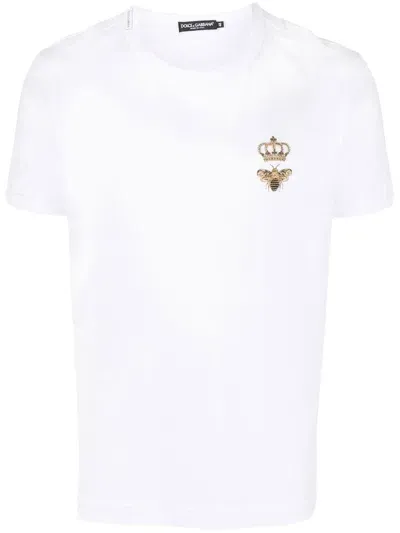 Dolce & Gabbana Men's White/gold Embroidered Cotton T-shirt With Short Sleeves